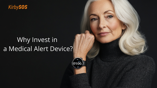 Senior wearing Kir a medical alert watch in a home environment, smiling, conveying safety, comfort, and independence.